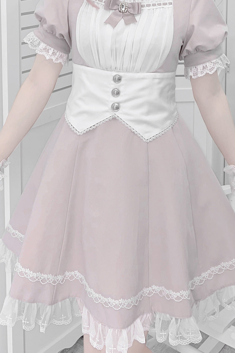 Pink/White Short Sleeves Ruffle Bowknot Cross Waist Maid Sweet Japanese Lolita Dress Set - Product - 4