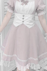 Pink/White Short Sleeves Ruffle Bowknot Cross Waist Maid Sweet Japanese Lolita Dress Set - Product - 4
