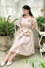 Boat Neck Ruffled Short Sleeves Plus Size Tulips Floral Print High Waisted Sweet Lolita OP Dress - Product - 4