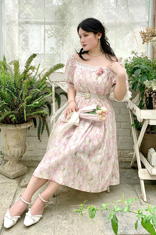 Boat Neck Ruffled Short Sleeves Plus Size Tulips Floral Print High Waisted Sweet Lolita OP Dress - Product - 4