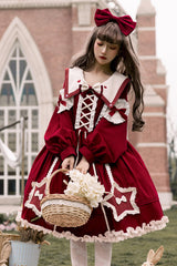 Round Collar Chiffon Ruffled Lantern Sleeves Pentagram Embroidered High Waisted Sweet Lolita OP Dress - Product - 2