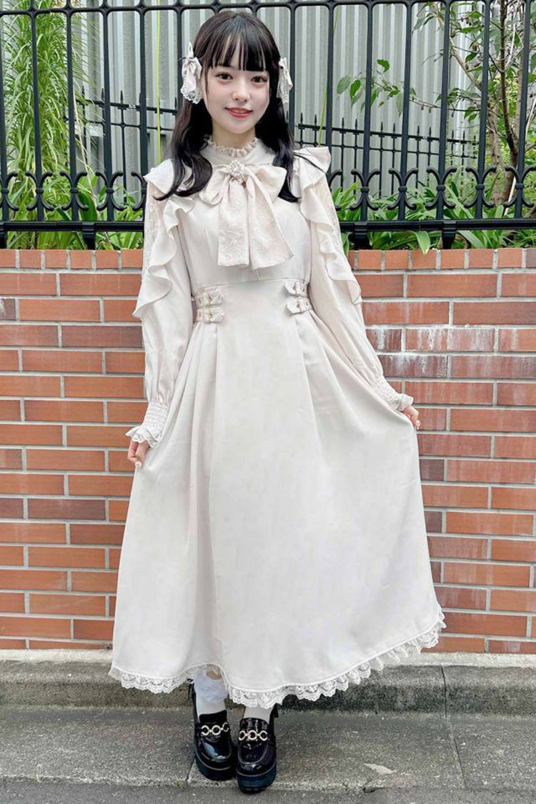 White Stand Collar Off Shoulder Long Sleeves Hollow Bowknot Slim Jirai Kei Japanese Dress - Product - 3