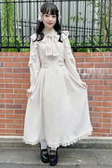 White Stand Collar Off Shoulder Long Sleeves Hollow Bowknot Slim Jirai Kei Japanese Dress - Product - 3