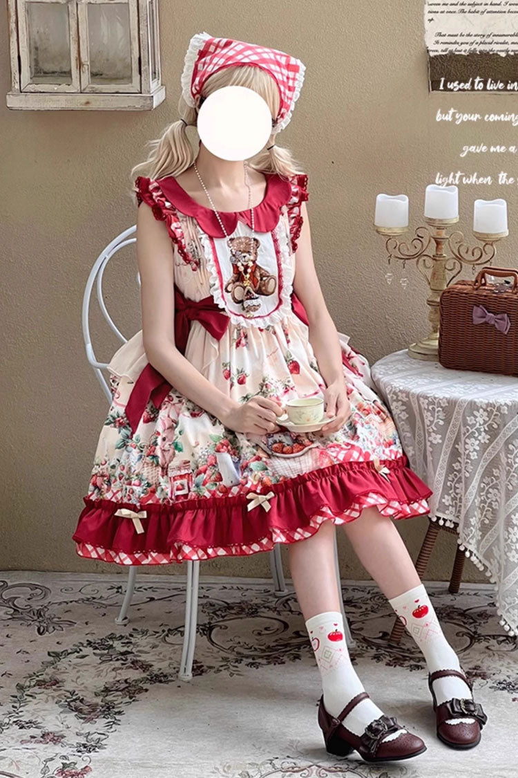 Red [December Strawberry Bear] Print Ruffle Bowknot Sweet Lolita Dress - Product - 2