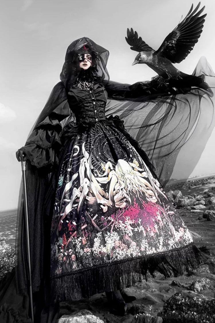 Black [Reborn Ancient God] Long Hime Sleeves Print Lace Gothic Lolita Skirt Dress Set - Product - 10