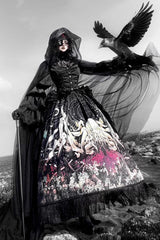 Black [Reborn Ancient God] Long Hime Sleeves Print Lace Gothic Lolita Skirt Dress Set - Product - 10