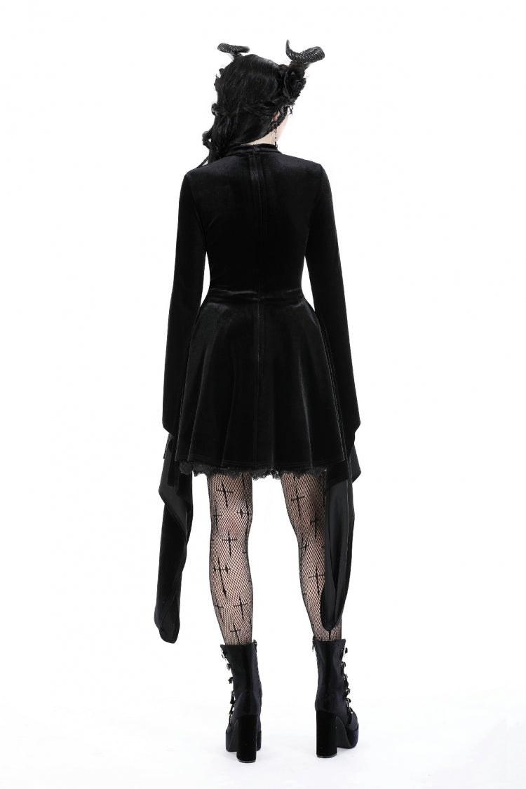 Black Long Trumpet Sleeves Spliced Lace-Up Spider Mesh Women's Gothic Velvet Wedding Dress - Product - 4