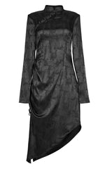 Black Jacquard Cotton Fabric Improved Cheongsam Pointed Hem Drawstring Design Cheongsam Collar Long Sleeve Long Women's Punk Dress - Product - 5