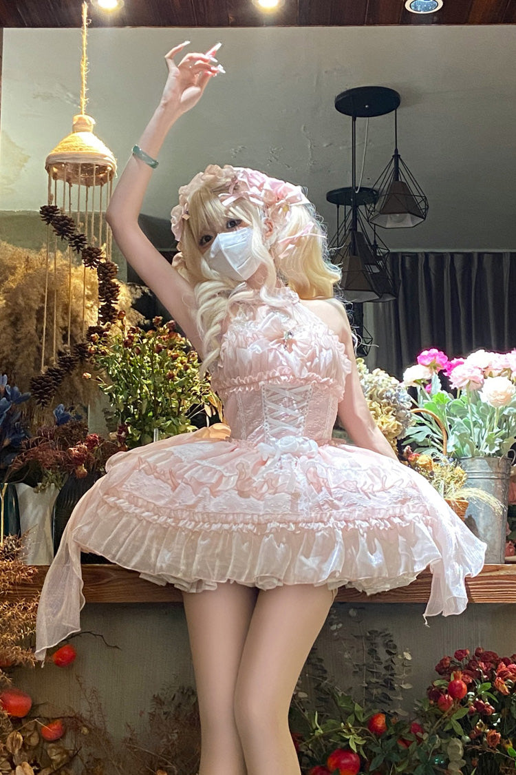 Pink Halterneck Triple-Layered Bowknot Lace Sweet Lolita Jsk Dress - Product - 3