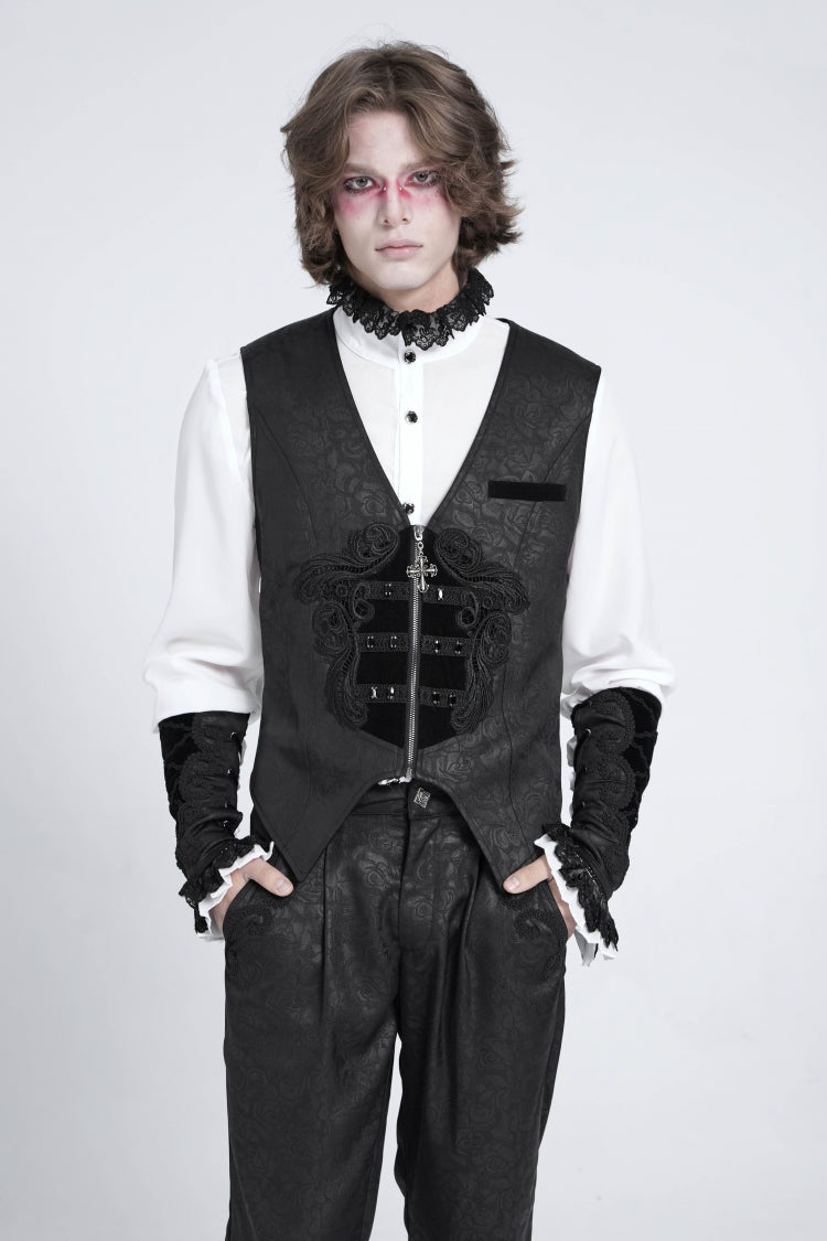 Black Sleeveless Floral Embroidery Stitching Velvet Men's Gothic Vest - Black - 1