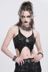 Black Sleeveless Stitching Irregular Mesh Women's Punk Tank Top - Black - 1