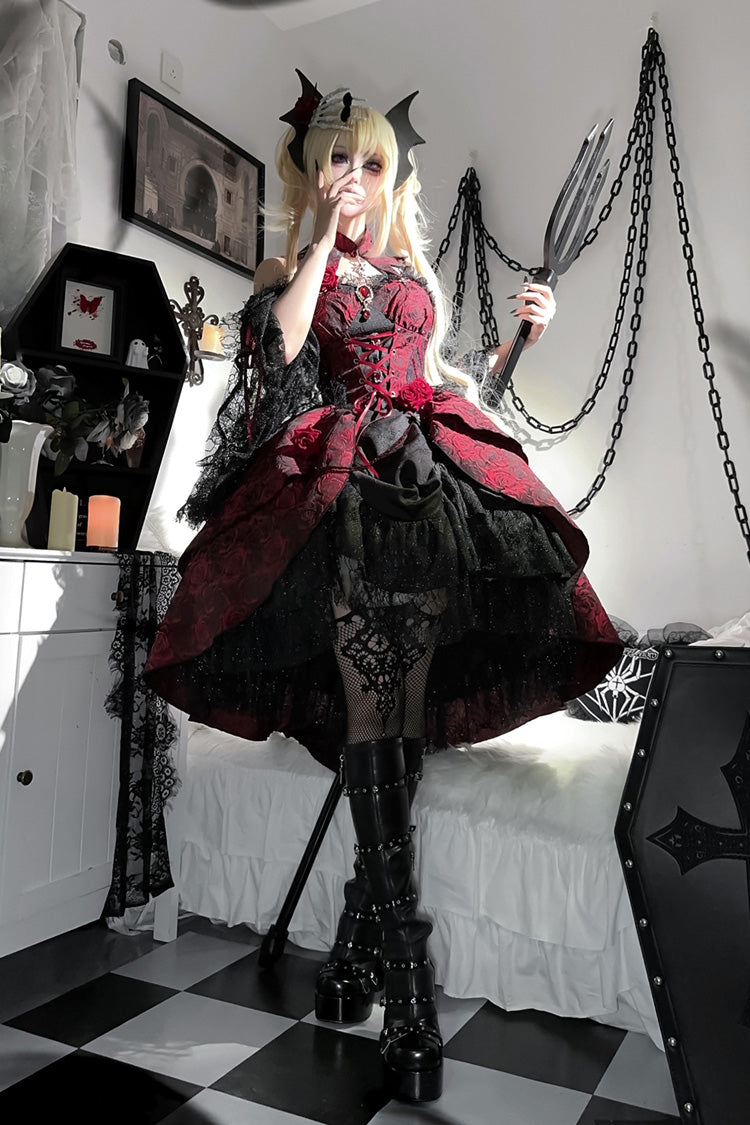 Black/Red [Weeping Rose] Jacquard Print Ruffle Cardigan Bowknot Lace-Up Gothic Lolita Dress - Product - 2