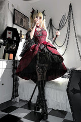 Black/Red [Weeping Rose] Jacquard Print Ruffle Cardigan Bowknot Lace-Up Gothic Lolita Dress - Product - 2