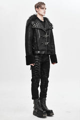 Black Wool Collar Decadent Warm Short Mens Punk Jacket - Product - 2
