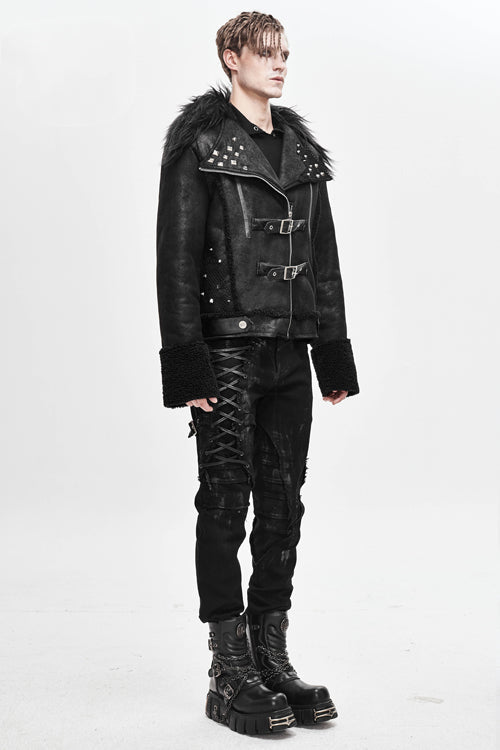 Black Wool Collar Decadent Warm Short Mens Punk Jacket - Product - 2