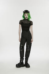 Black Stand Collar Short Sleeves Zippered Women's Punk Rivets&Eyelets T-Shirt - Product - 9