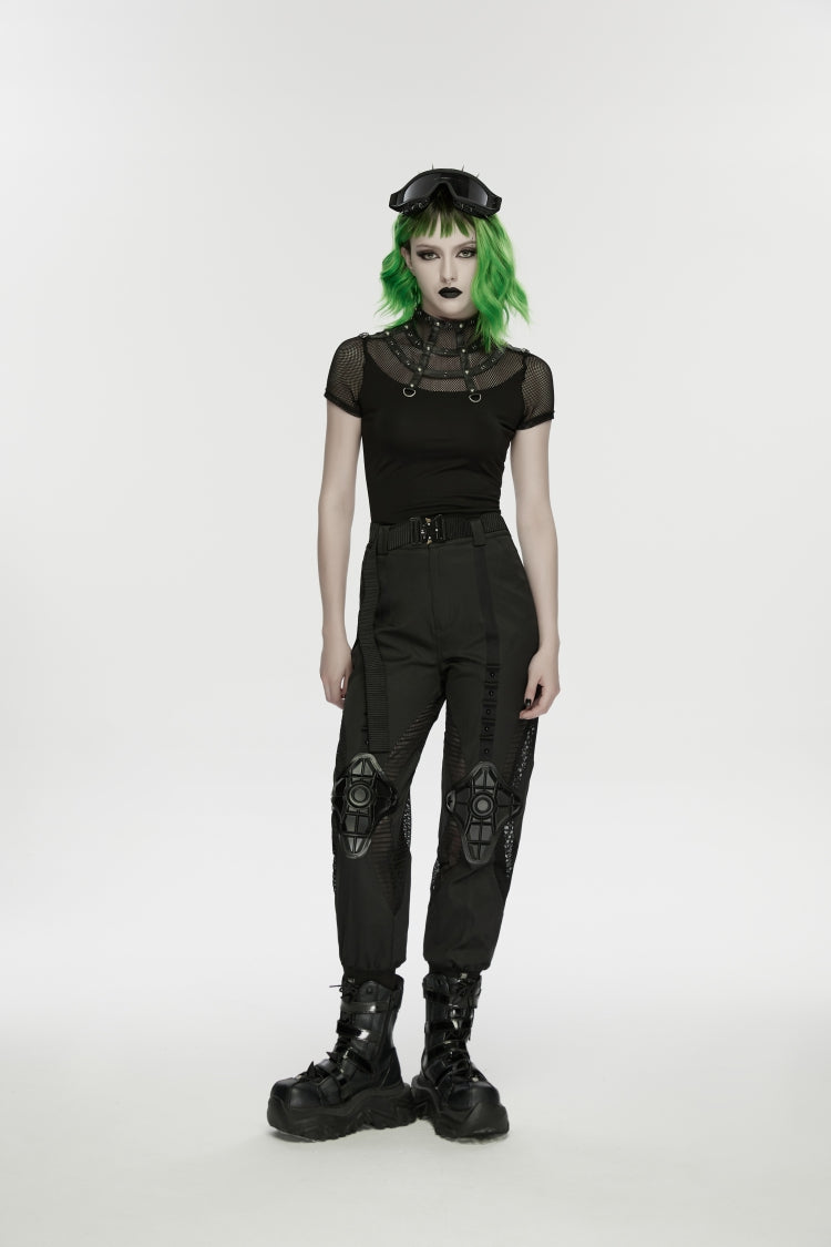 Black Stand Collar Short Sleeves Zippered Women's Punk Rivets&Eyelets T-Shirt - Product - 9