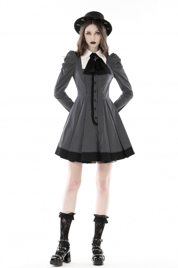 Black/White Lapel Collar Long Puff Sleeves Women's Gothic Striped Preppy Style Dress - Black/White - 1