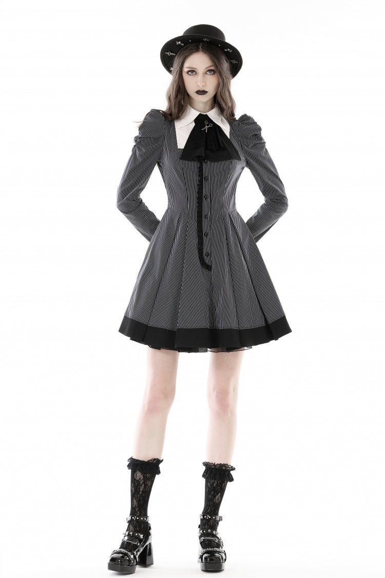 Black/White Lapel Collar Long Puff Sleeves Women's Gothic Striped Preppy Style Dress - Black/White - 1