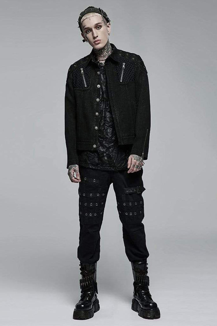 Black Punk Washed Aged Texture Rough Grain Splicing Mesh Metal Buttonholes Zipper Trim Long Sleeve Men's Coat - Product - 4