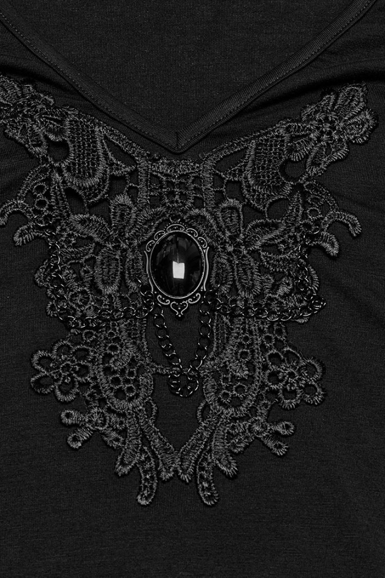 Black Short Sleeves Jacquard Floral Embroidery Women's Gothic Blouse - Product - 5