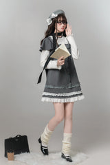 Grey Square Collar Long Sleeves Polka Dot Printed Ruffled Sweet Lolita Dress - Product - 6