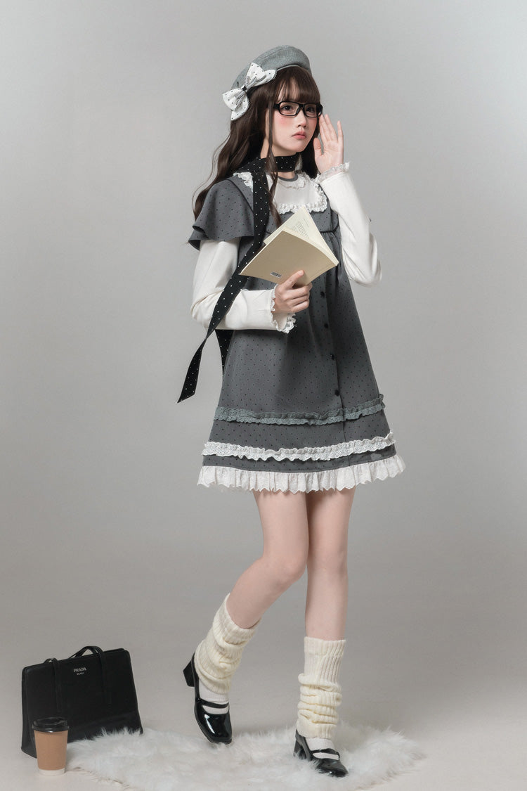 Grey Square Collar Long Sleeves Polka Dot Printed Ruffled Sweet Lolita Dress - Product - 6
