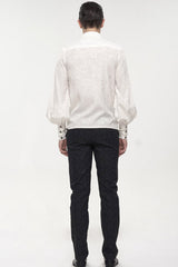 White Gothic Metal Pattern Buckle Long Sleeve Pleated Lace Lantern Shape Printing Pattern Men's Shirt - Product - 8