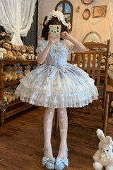 Blue [Snow Kissed Romance] Sleeveless High Waisted Multi-Layered Bowknot Lace Pearl Sweet Ballet Lolita Jsk Dress - Product - 5