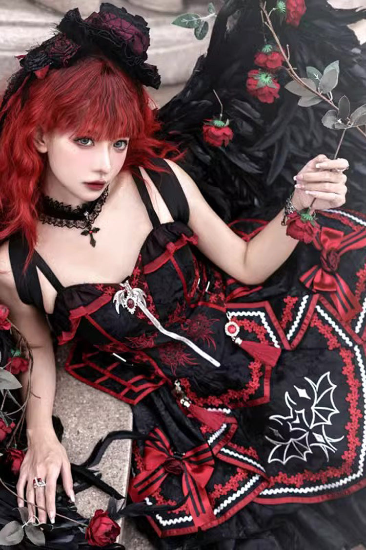 Black/Red Bat Print Ruffle Cardigan Gothic Lolita Jsk Dress - Product - 2