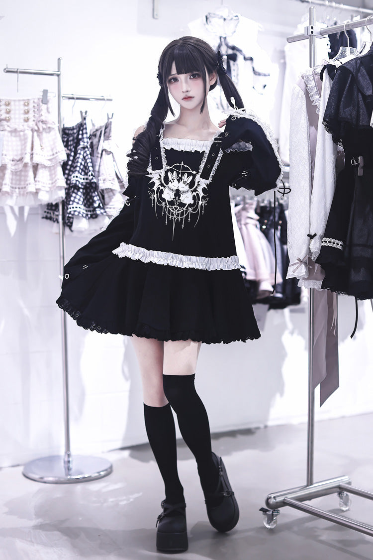 Black [Bandage Bunny] Off Shoulder Long Sleeves Ruffled Embroidered Bow Lace Punk Jirai Kei Japanese Dress - Product - 2