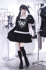 Black [Bandage Bunny] Off Shoulder Long Sleeves Ruffled Embroidered Bow Lace Punk Jirai Kei Japanese Dress - Product - 2
