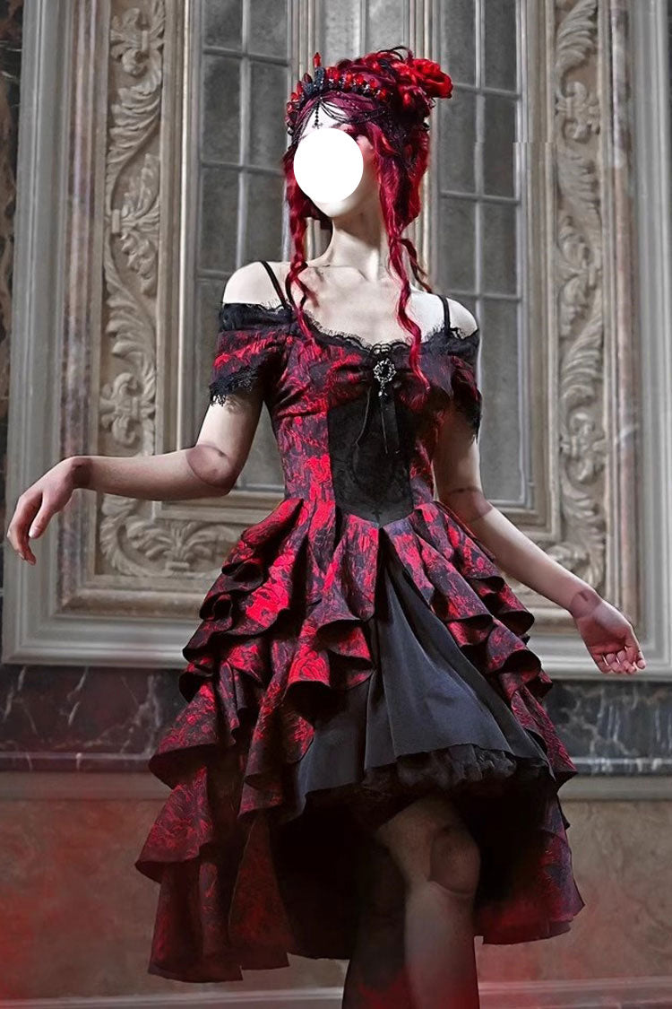 Black/Red Feast in Hades Short Sleeves Print Ruffle Cardigan Gothic Lolita Dress - Black/Red - 1