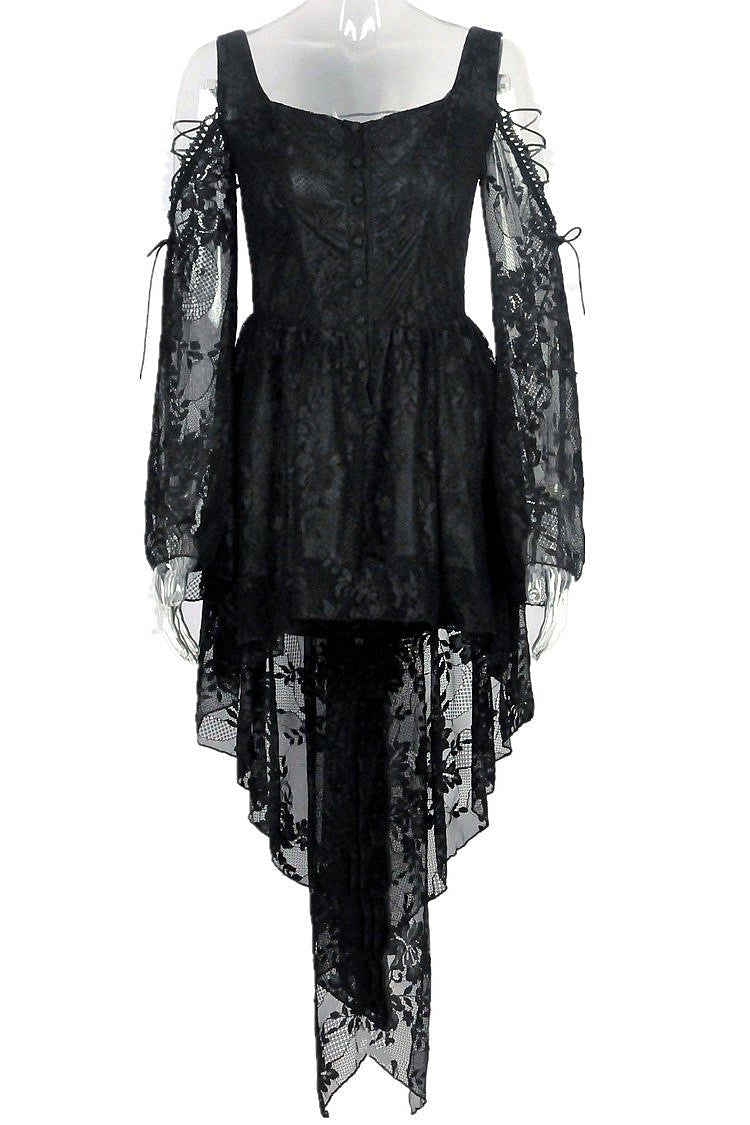 Black Square Collar Long Sleeves Overlay Embroidered Lace Women's Gothic Dress - Product - 3