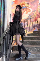 Black Dream Long Sleeves High Waisted Ruffle Cardigan Gothic Princess Lolita Dress - Product - 4