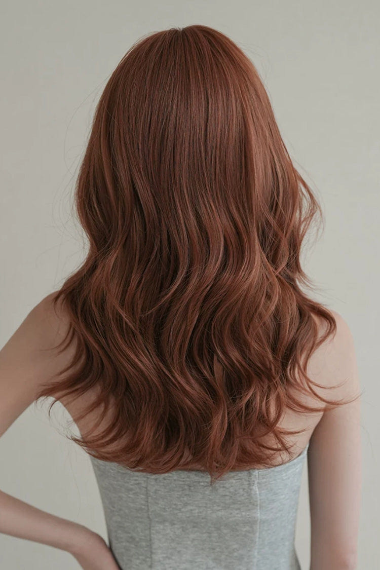 Sunset Orange Brown Natural Fluffy Medium Length Curly Sweet Lolita Wig with Side Bangs - Product - 3