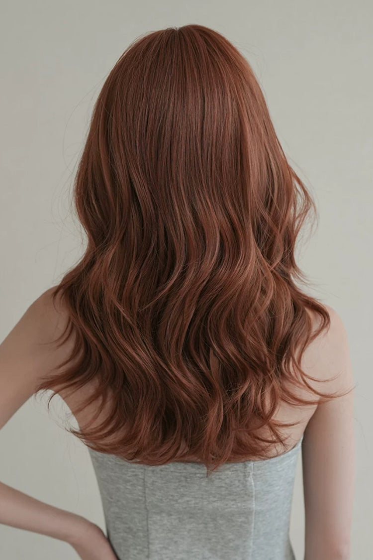 Sunset Orange Brown Natural Fluffy Medium Length Curly Sweet Lolita Wig with Side Bangs - Product - 3