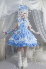 Blue [Candy Cream Puff Strawberry Cake] Multi-Layered Printed Ruffled Bow Plus Size Sweet Princess Lolita Dress 2 Versions - Blue(OP) - 2