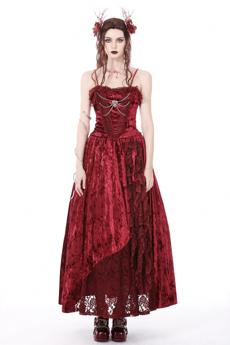 Red Sleeveless Spliced Lace Chain-Decorated Women's Gothic Velvet Slip Maxi Dress - Product - 5