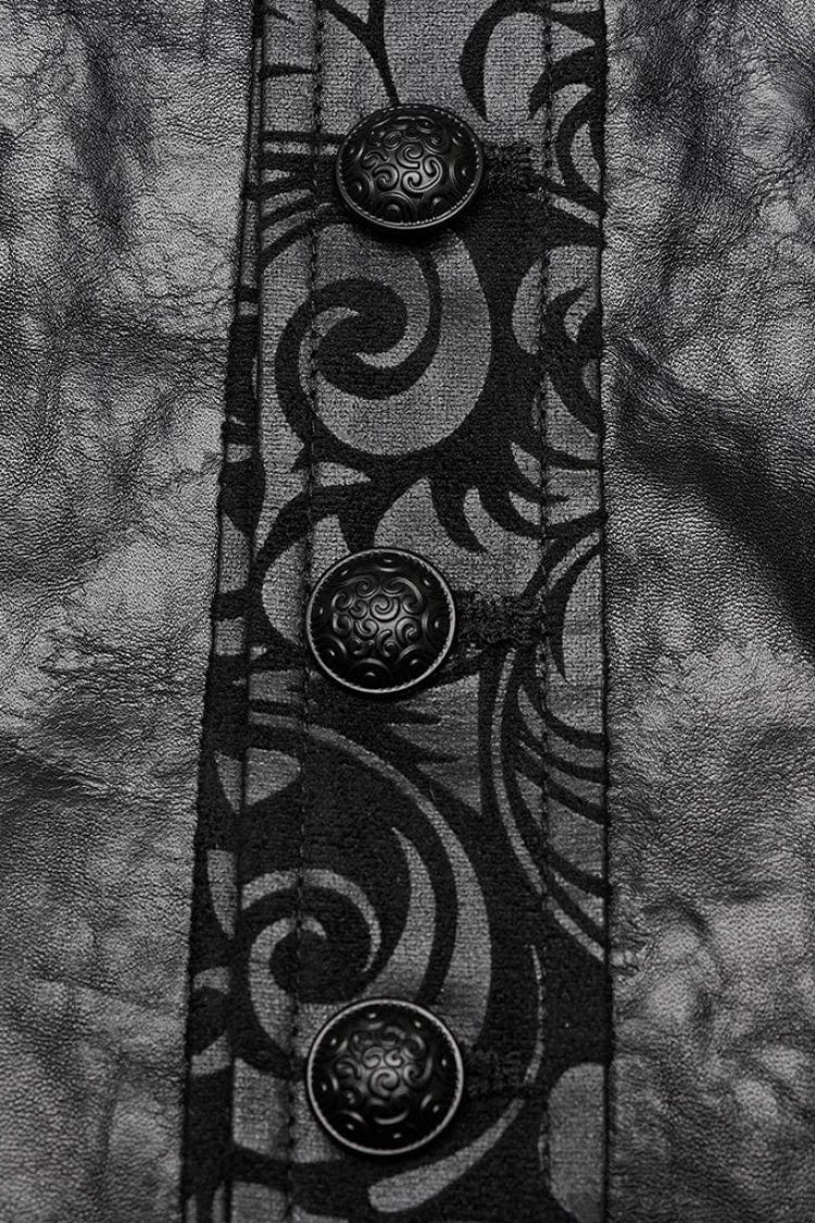 Black V Collar Sleeveless Exquisitely Carved Floral Print Faux Leather Mens Gothic Vest - Product - 7