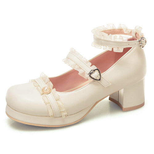 Frill Lace Simplicity Elegant Thick Heel Classic Lolita Shoes - Beige - 2