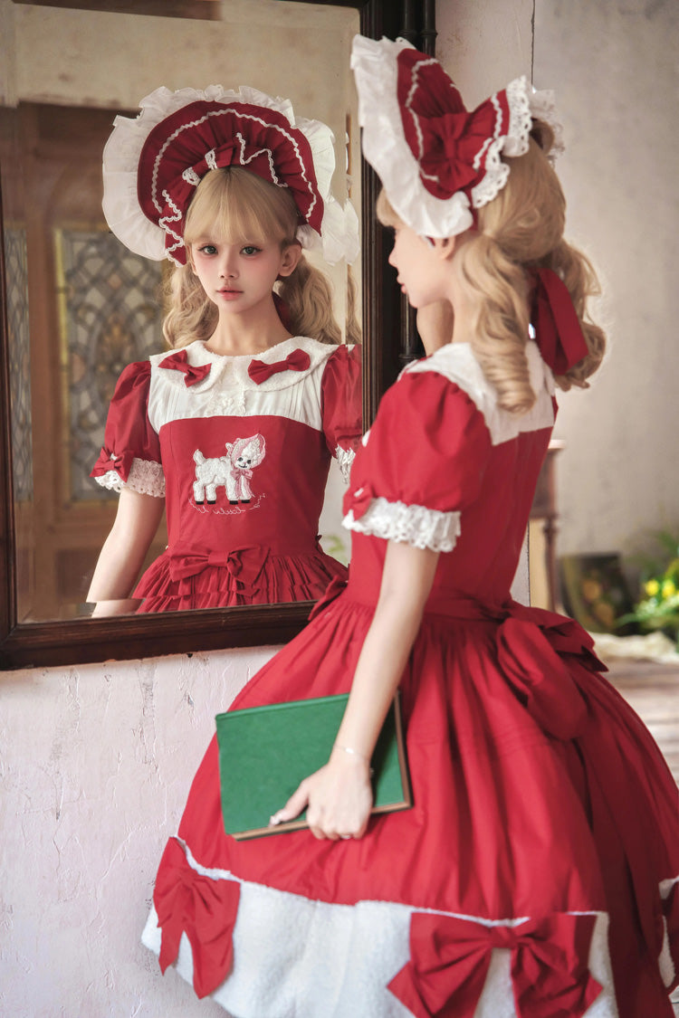 Red [Shepherd Girl’s Poem] Doll Collar Short Sleeves Ruffled Bow Sweet Lolita Dress - Product - 6