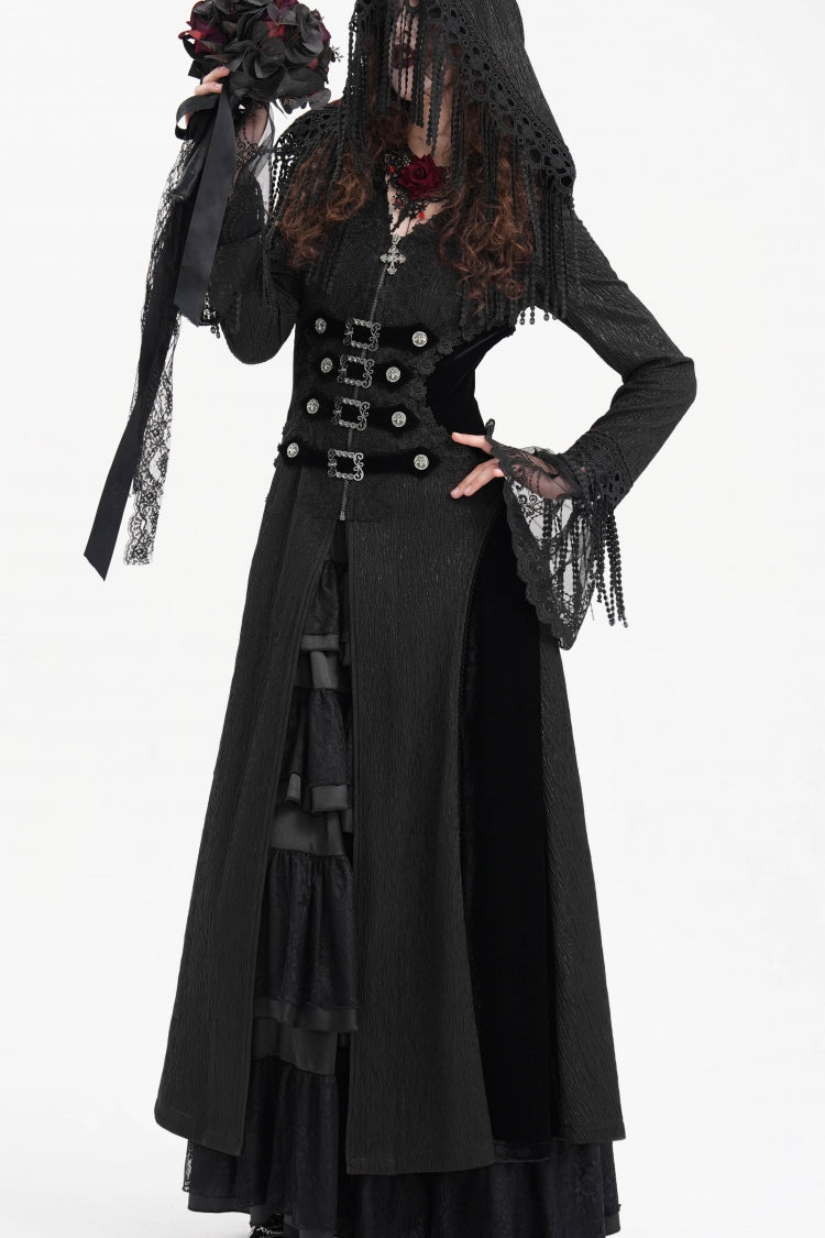 Black Buckle-up Tassels Hooded Women's Gothic Coat - Product - 8