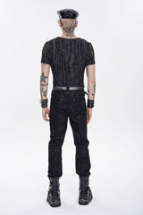 Black Round Collar Long Sleeves Spliced Slim Mesh Studded Eyelet Men's Punk T-Shirt - Product - 4