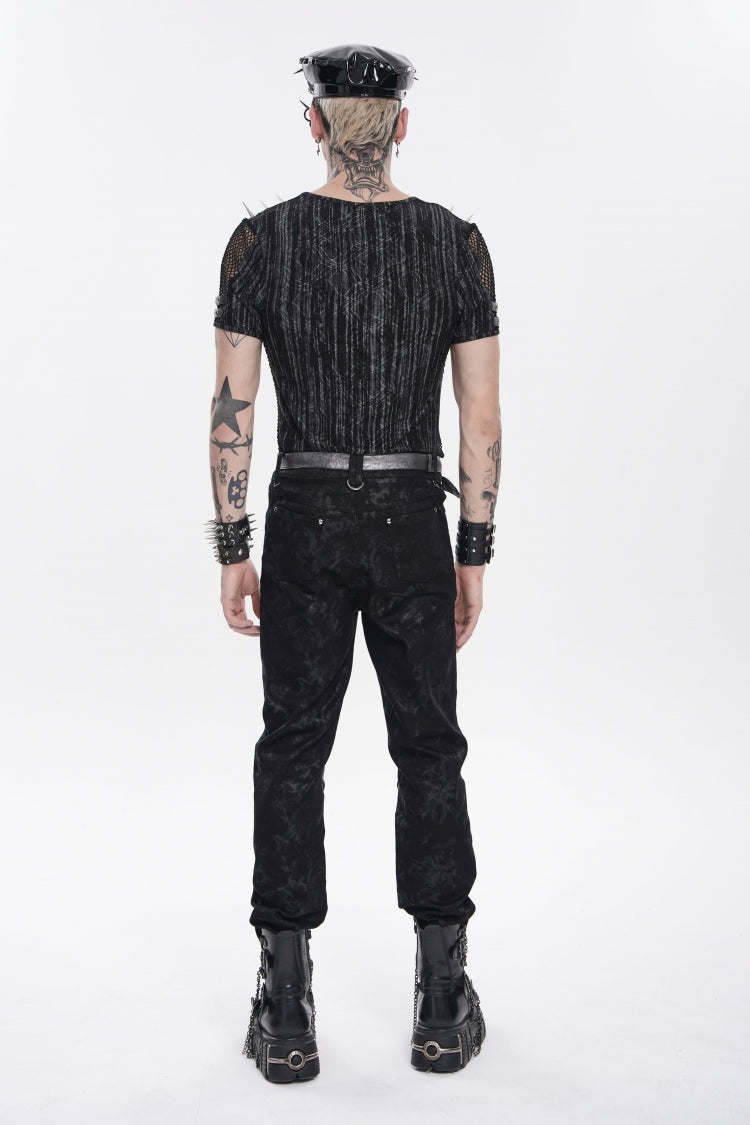 Black Round Collar Long Sleeves Spliced Slim Mesh Studded Eyelet Men's Punk T-Shirt - Product - 4