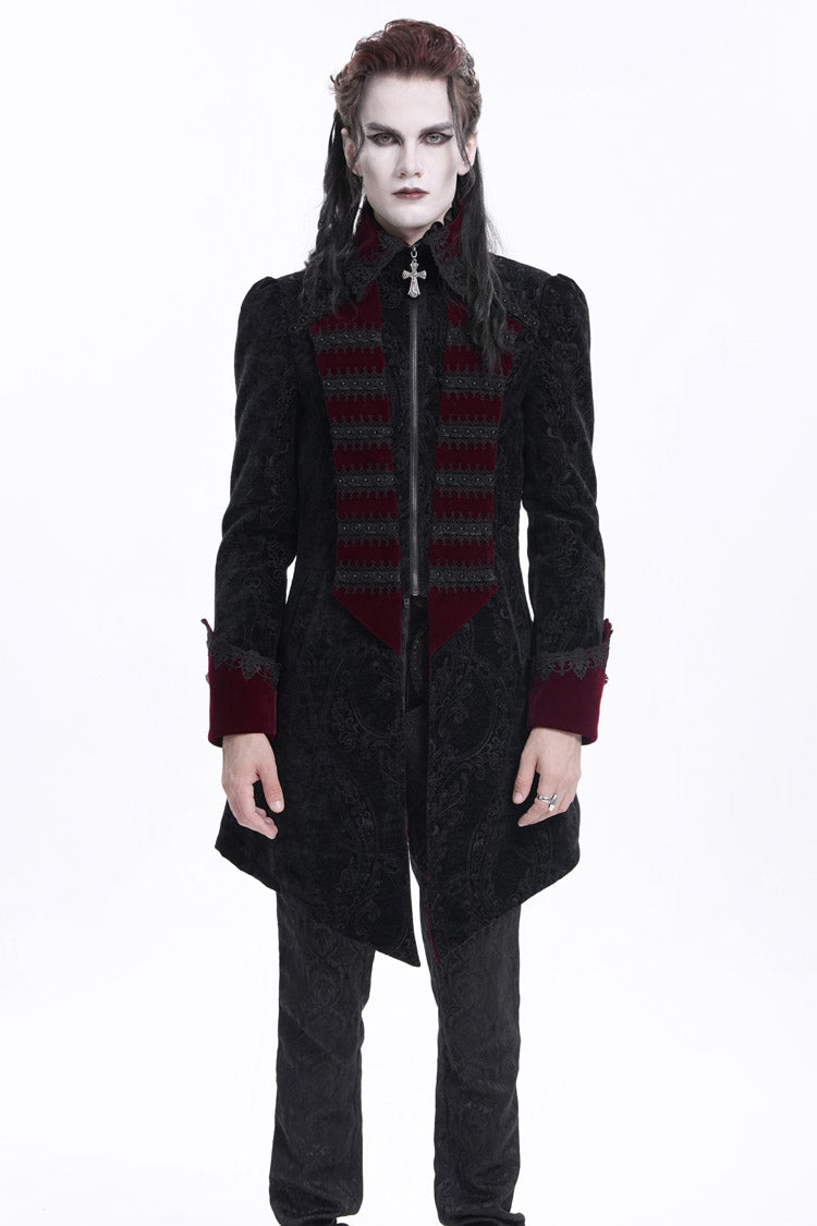Black/Red Lapel Collar Long Sleeves Crochet  Men's Gothic Jacket - Product - 6