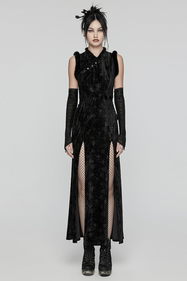 Black Jacquard Ripped Women's Gothic Dress with Oversleeves - Black - 1