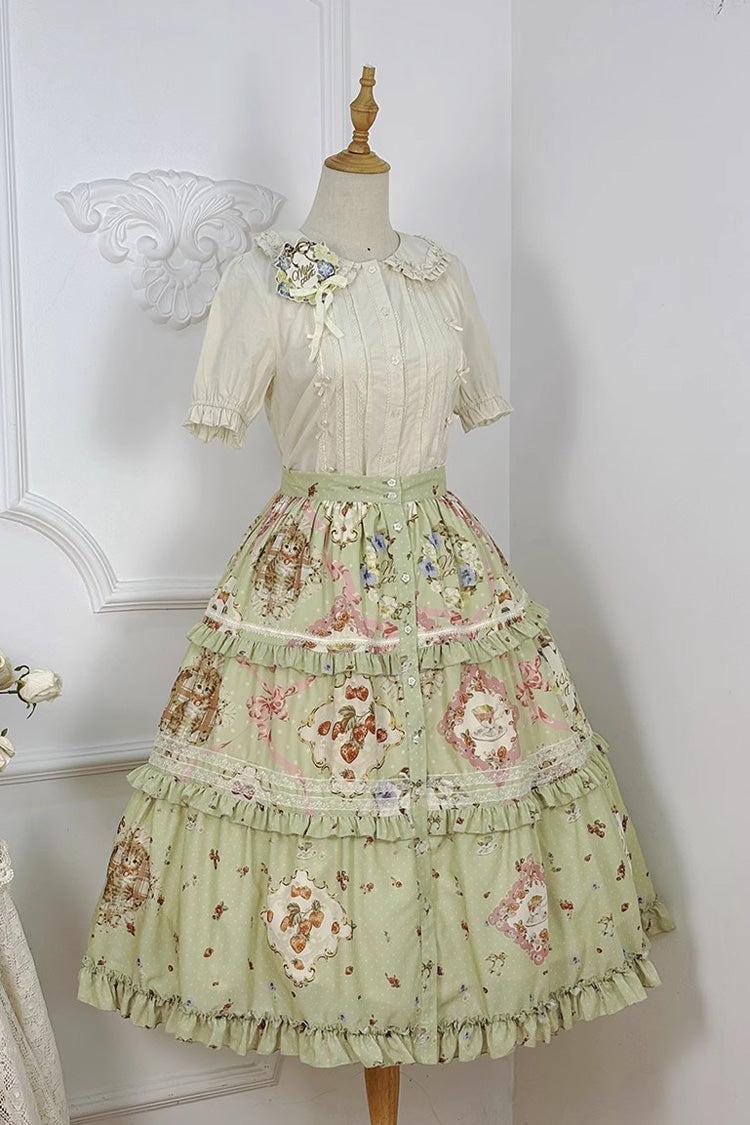 Green [Cat Rose Tea] Print Ruffle Daily Sweet Lolita Skirt - Product - 9