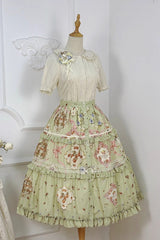 Green [Cat Rose Tea] Print Ruffle Daily Sweet Lolita Skirt - Product - 9