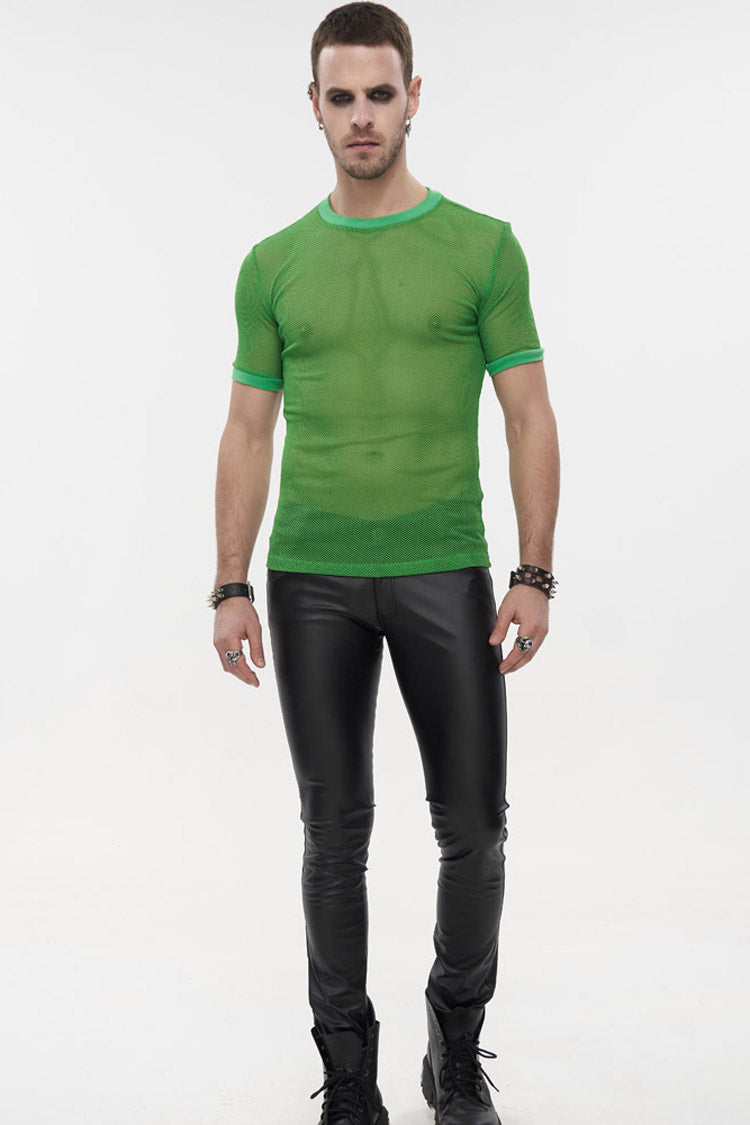 Green Gothic Crew Neck Diamond-Shaped Net Hyperelastic Short Sleeve Men's T-Shirt - Product - 4